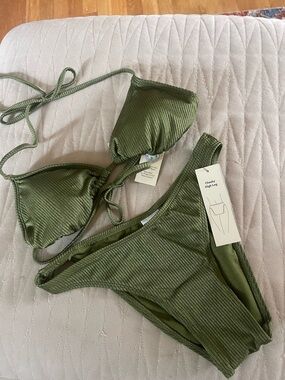 No Boundaries Olive Green Ribbed Triangle Bikini Set